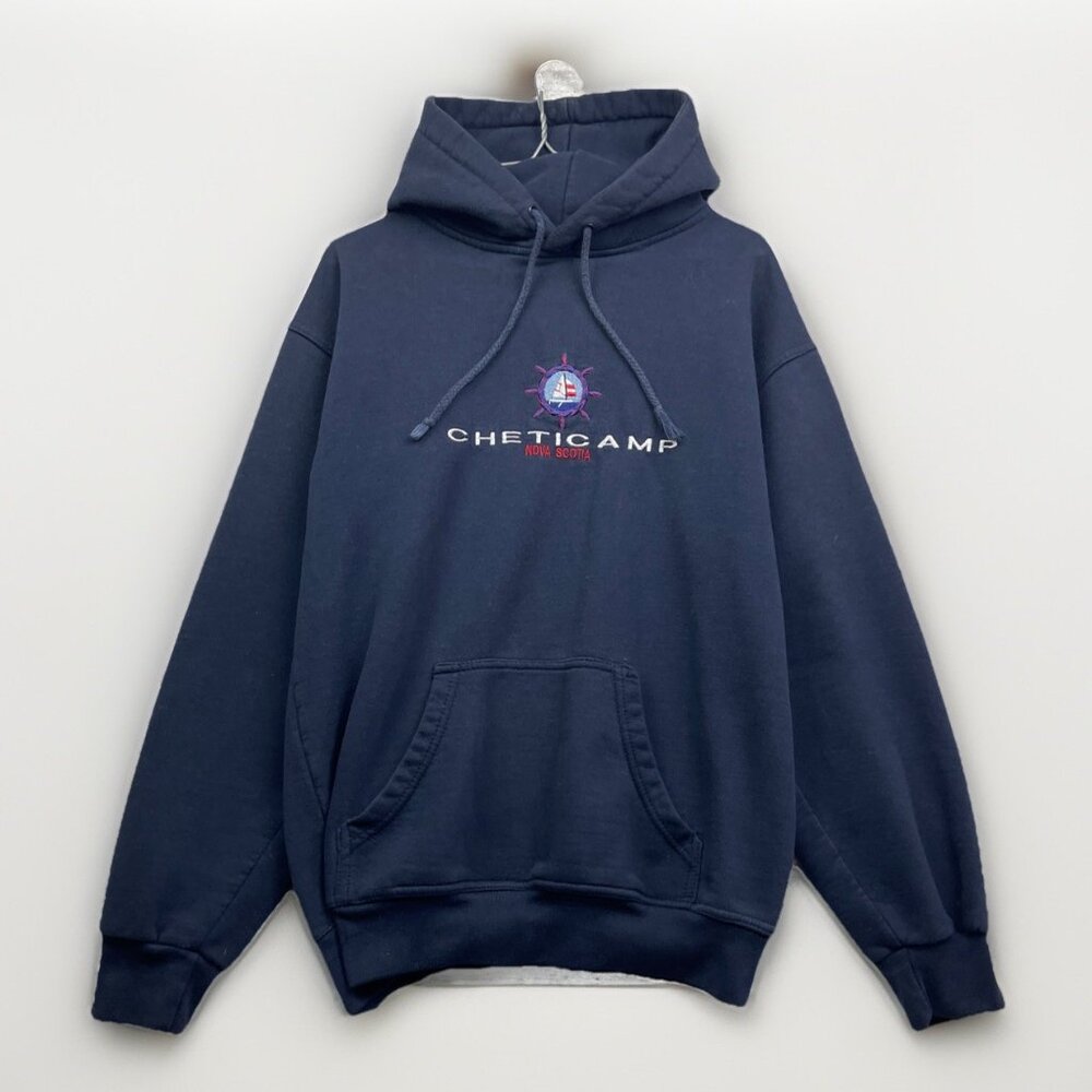 VTG Cheticamp Nova Scotia Canada Hoodie Mens M Navy Blue Costal Sea Embroidery**